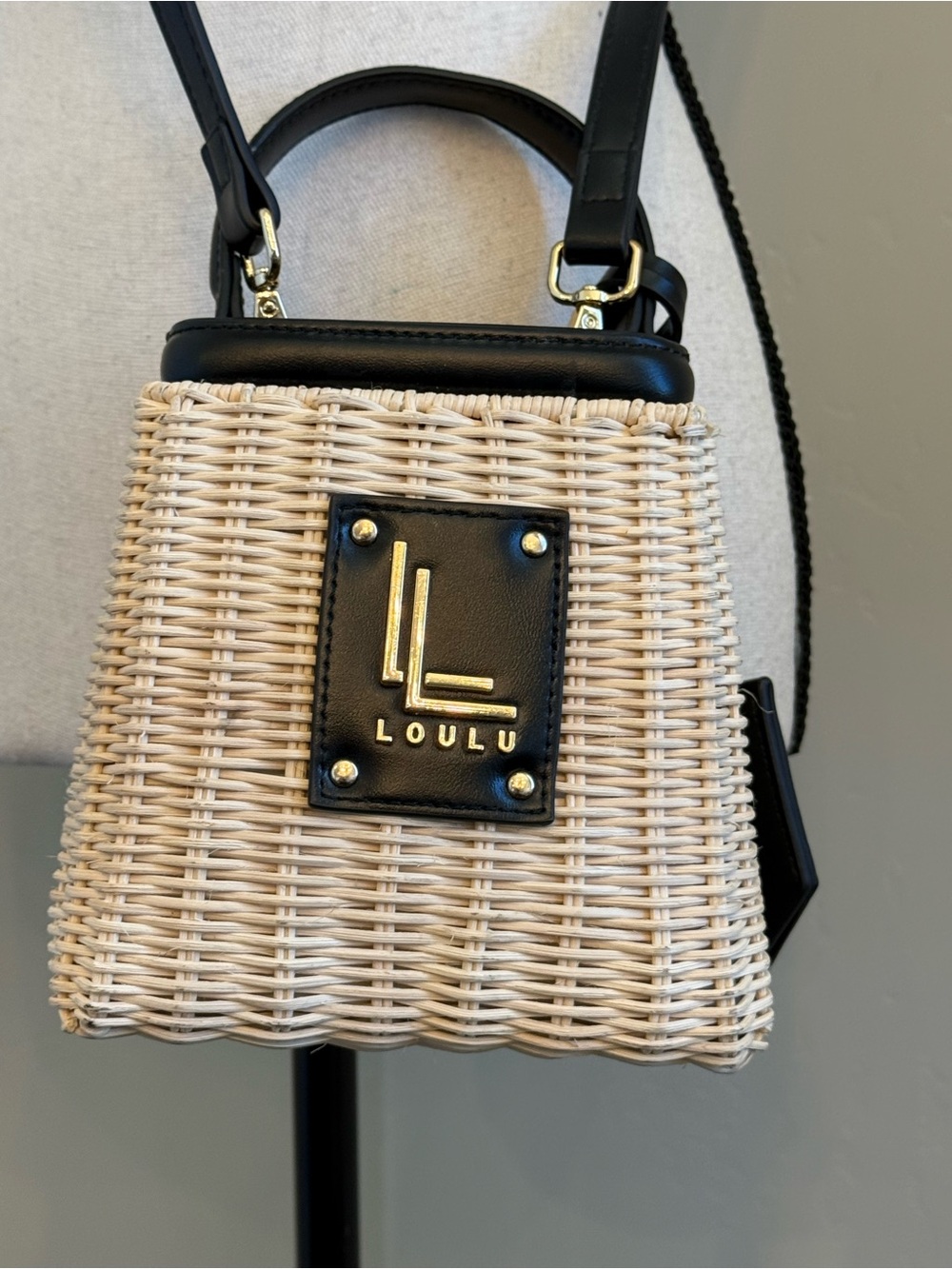 Loulu Wicker Rattan Crossbody Top Handle Bag Natural Black Coastal Grandma - Picture 2 of 8